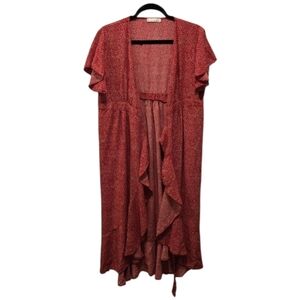 Boho Red Ruffle Polka Dot Wrap Midi Dress w/ Short Flutter Sleeve and Slit Sz XL